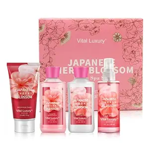 Gift Set for Women – 4PC Japanese Cherry Blossom Luxury Spa Kit with Hand Cream, Body Lotion, Shower Gel & Mist, Relaxing Self Care Travel Bath and Body Set for Mom Wife Teens Sister Friends or Her