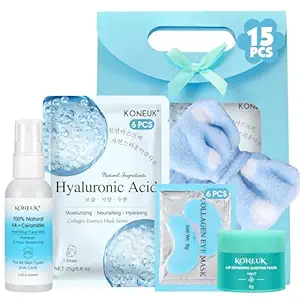 15 Pcs Skincare with Facial Mask, Eye Mask, Face Mist, Lip Mask, Headband
