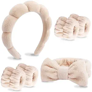 VELSCRUN 6 Pack Spa Headband, Makeup Headband, Face Wash Headbands, Skincare Headbands, Brown Sponge Hair Band Bow Tie Spa Head Band for Washing Face Wristband Set Hair Accessories for Women