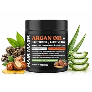 Argan Oil Hair Mask for Dry Damaged Hair, Castor Oil & Aloe Vera, 8 Oz