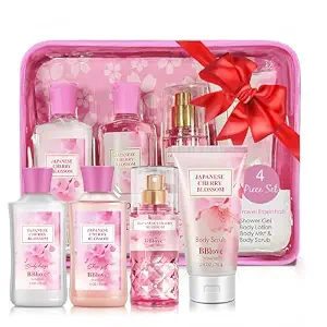 Beautifier Life Bath and Body Gift Set for Women and Girls,Japanese Cherry Blossom,4PCS Set for-Shower Gel,Body Lotion,Body Mist,Exfoliating Scrub,Body Care Travel Set for Birthday Mother's Day Gifts